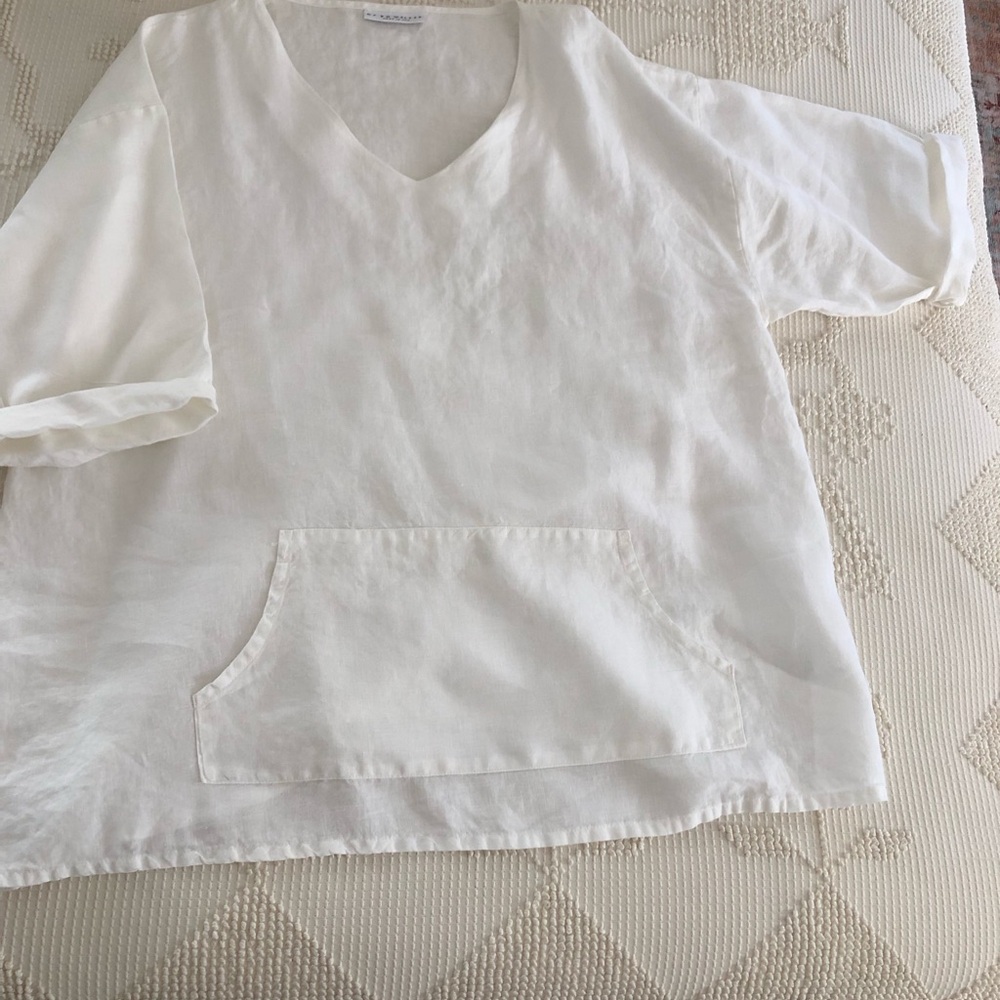 bryn Walker  V-Neck Linen Tunic with Front Kangaroo Pocket - Picture 8 of 10